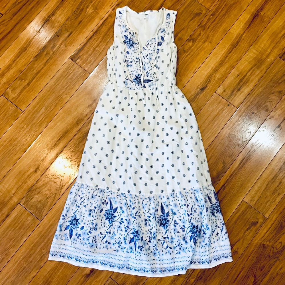 Cottage floral flower maxi dress long summer beach blue white summer